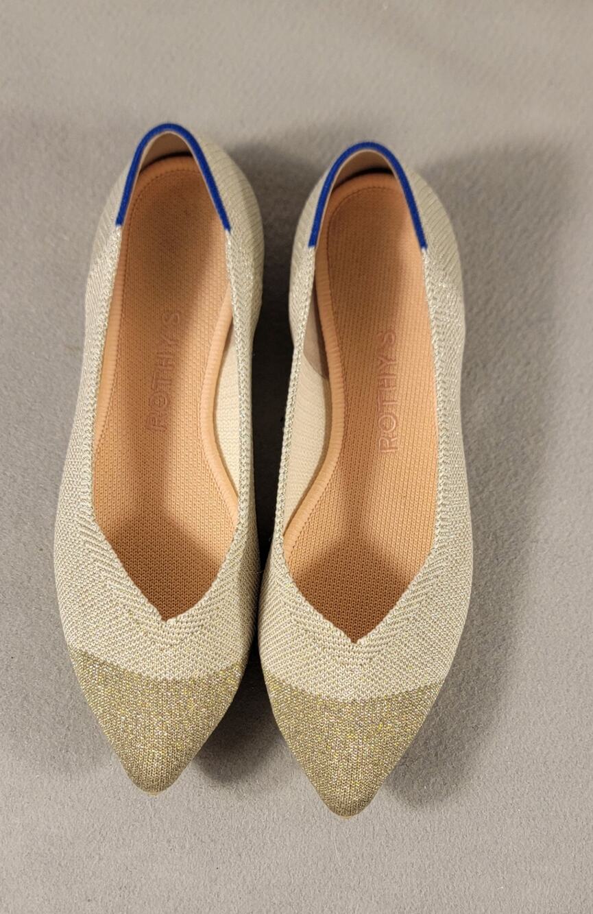 Rothy's The Point Diamond Metallic Cap Toe Flats Ecru Platinum Gold Size 6.5